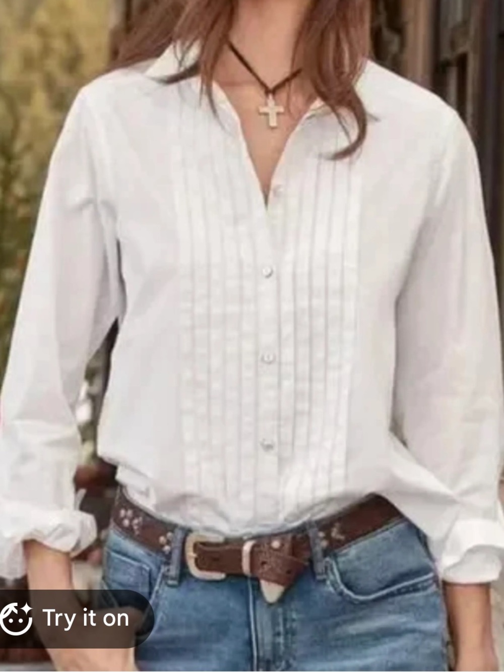 Sundance cotton pleated tuxedo button down blouse white large